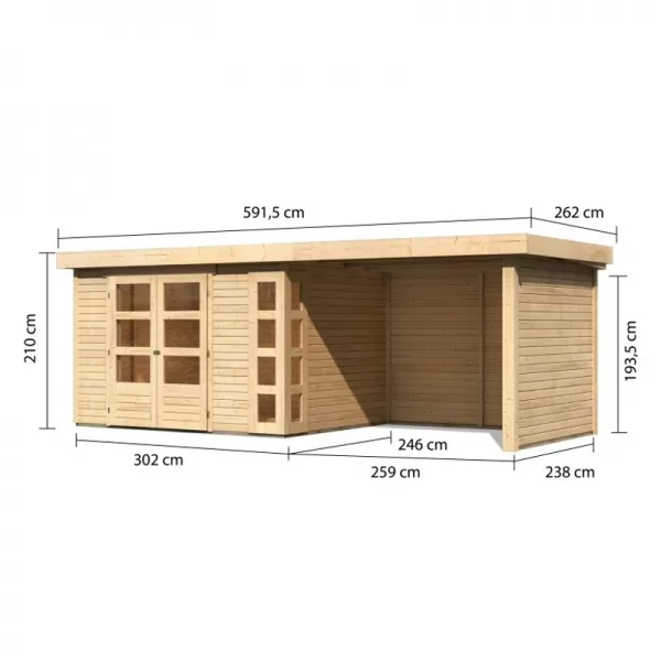 Dřevěný domek KARIBU KERKO 5 + přístavek 280 cm včetně zadní a boční stěny (9208) natur LG2993