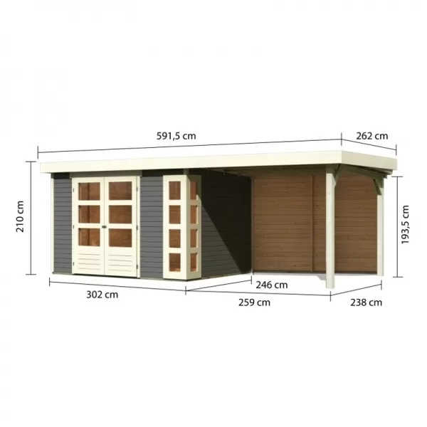 Dřevěný domek KARIBU KERKO 5 + přístavek 280 cm včetně zadní stěny (9207) šedý LG2992