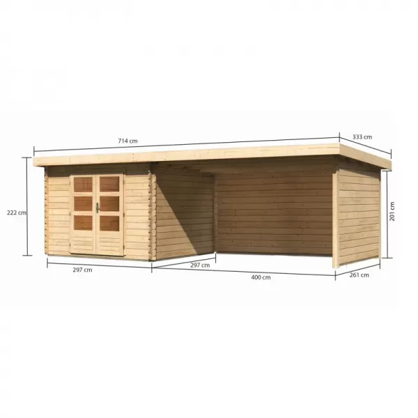 Dřevěný domek KARIBU BASTRUP 5 + přístavek 400 cm včetně zadní a boční stěny (9312) natur LG3021