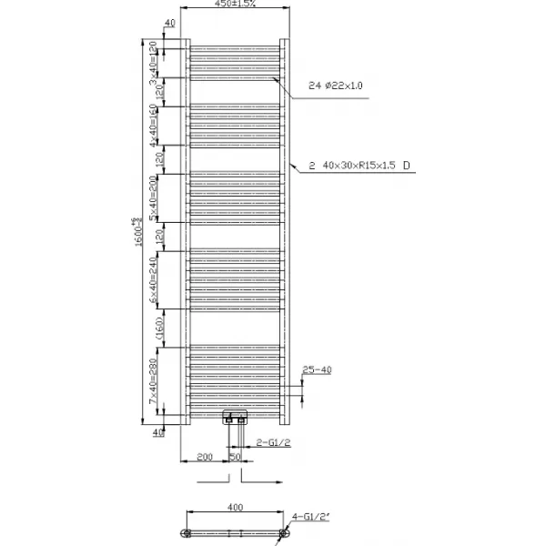 Otopné těleso chrom-rovné, středové připojení Novaservis 450/1600/RS,0