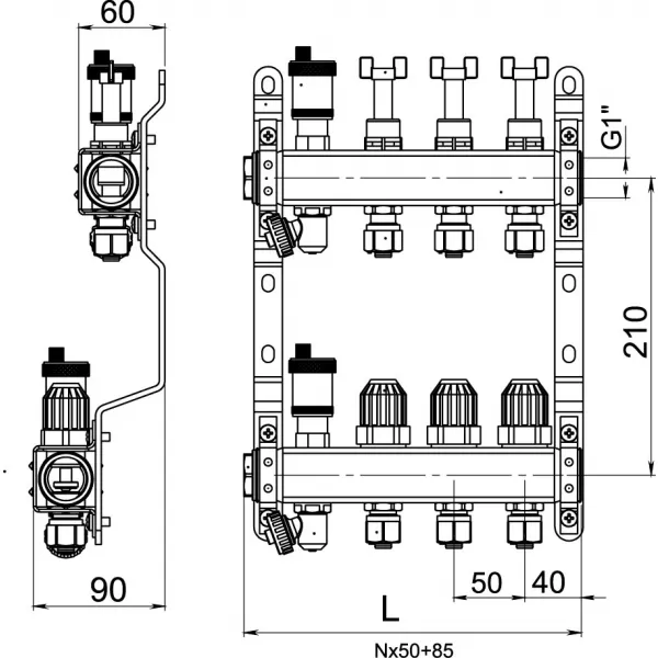 Rozdělovač s regulačním šroubením s průtokoměry a uzavíracími ventily bez kul. Novaservis SN-RZP02S