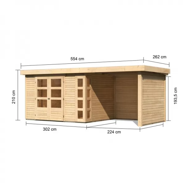 Dřevěný domek KARIBU KERKO 5 + přístavek 240 cm včetně zadní a boční stěny (9197) natur LG2987