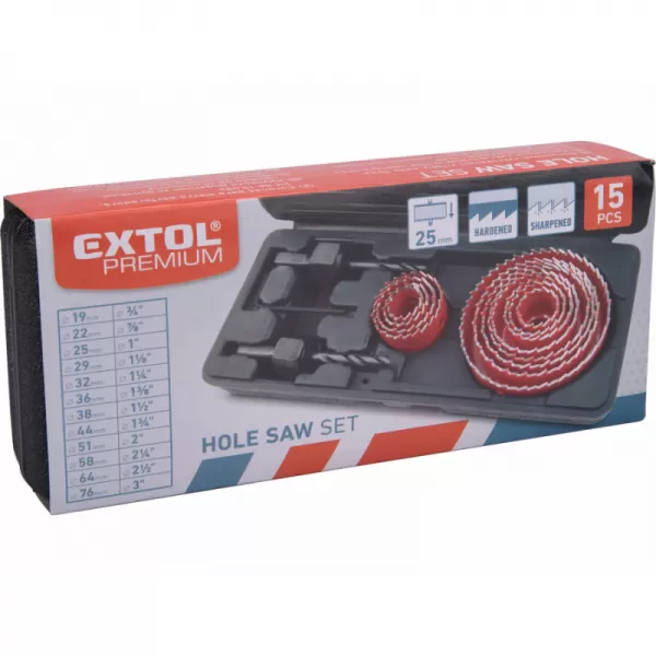 Vrtáky vykružovací korunkové, 12průměrů O 19-76mm EXTOL PREMIUM 8801606