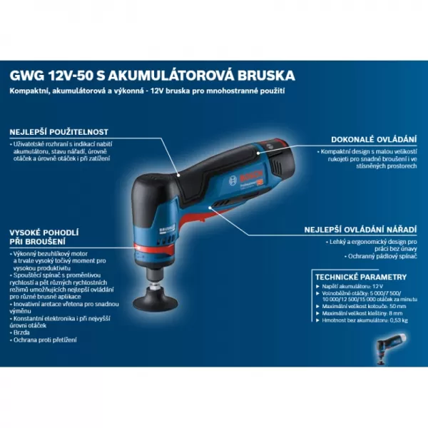 Aku bruska 12V bez aku Bosch GWG 12V-50 S 06013A7000