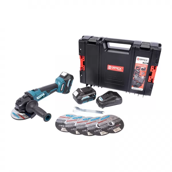 Aku úhlová bruska bezuhlíková 125 mm 18V 2x5,0Ah + nabíječka + box XTLine XT102835-2B5B