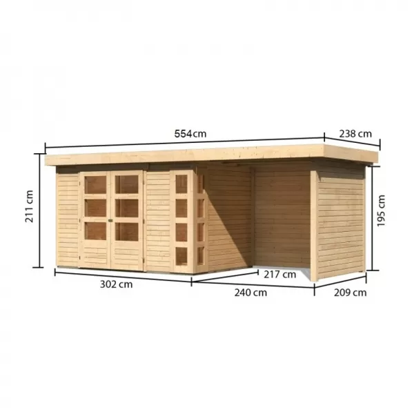 Dřevěný domek KARIBU KERKO 4 + přístavek 240 cm včetně zadní a boční stěny (82942) natur LG2973
