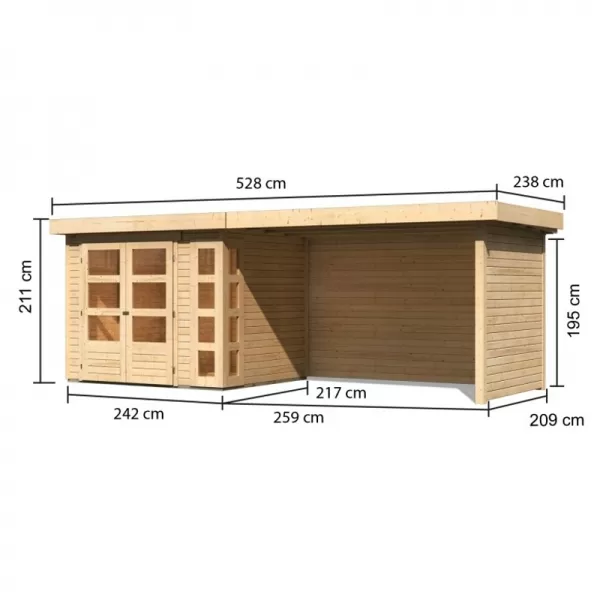 Dřevěný domek KARIBU KERKO 3 + přístavek 280 cm včetně zadní a boční stěny (82938) natur LG2962