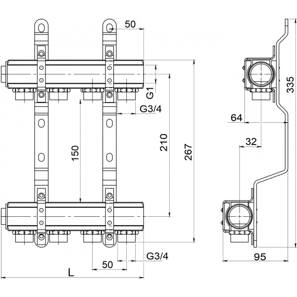 Rozdělovač se šroubením jednostranný G1" 8 okruhů Novaservis RPN08
