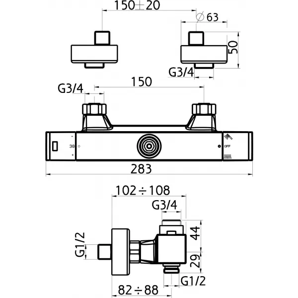 Sprchová termostatická baterie s dolním a horním vývodem 150 Novaservis 2862/1,0