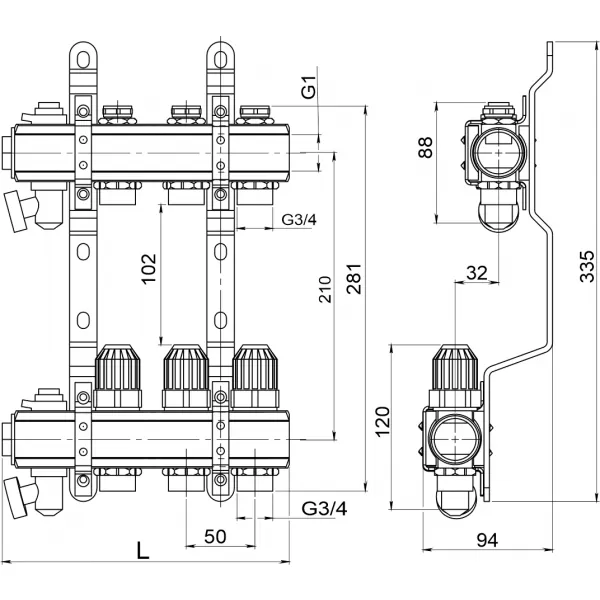 Rozdělovač s regulačními, termost. a mech. ventily 11 okruhů Novaservis RZ11S