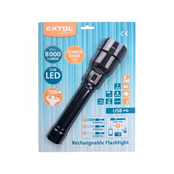 Svítilna 8000lm, zoom, USB nabíjení s powerbankou, 60W COB LED Extol Light 43142