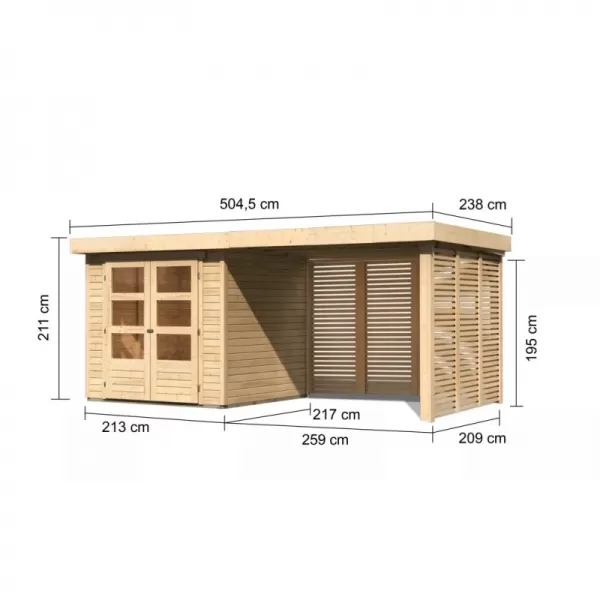 Dřevěný domek KARIBU ASKOLA 2 + přístavek 280 cm včetně zadní a boční stěny (9169) natur LG3225