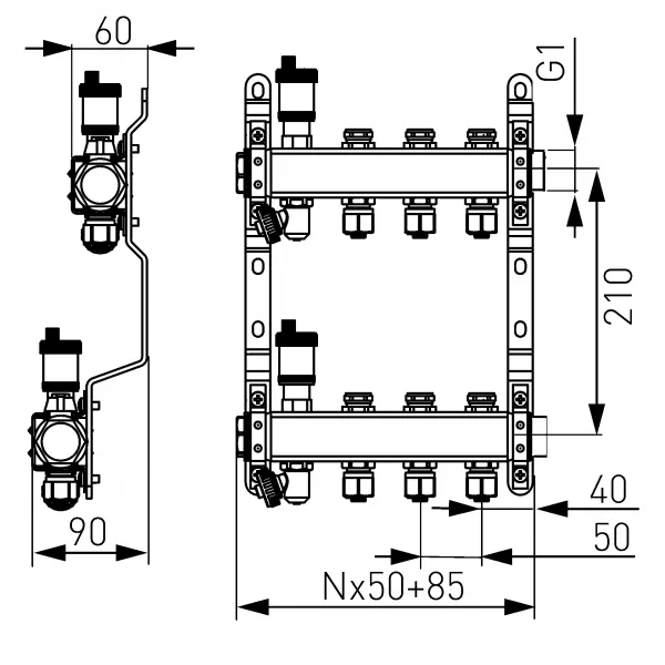 Rozdělovač nerez s regulačními mechanickými ventily 8 okruhů Novaservis SN-RO08S