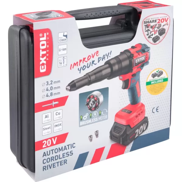 Aku nýtovací pistole 20V/2,0 Ah SHARE20V, BRUSHLESS Extol Premium 8891868