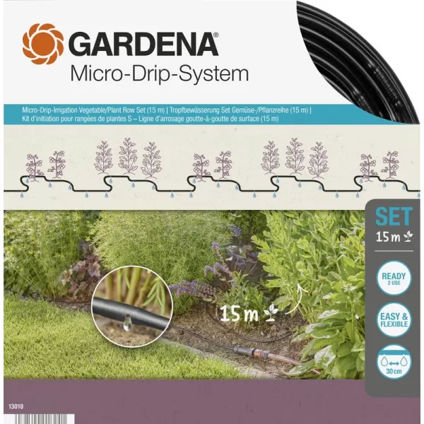 Micro Drip kapací hadice pro zavlažování zeleninových záhonků / řádků s rostlinami - sada (15 m) Gardena 13010-20