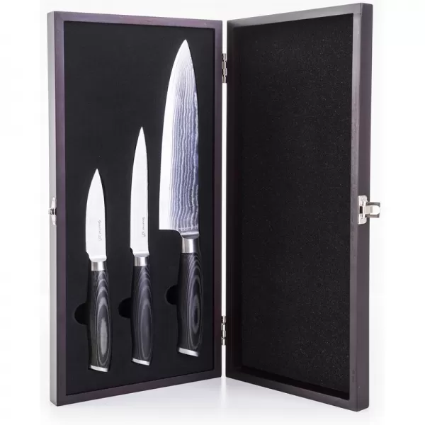 Sada nožů G21 Gourmet Damascus v bambusovém bloku 3 ks + brusný kámen