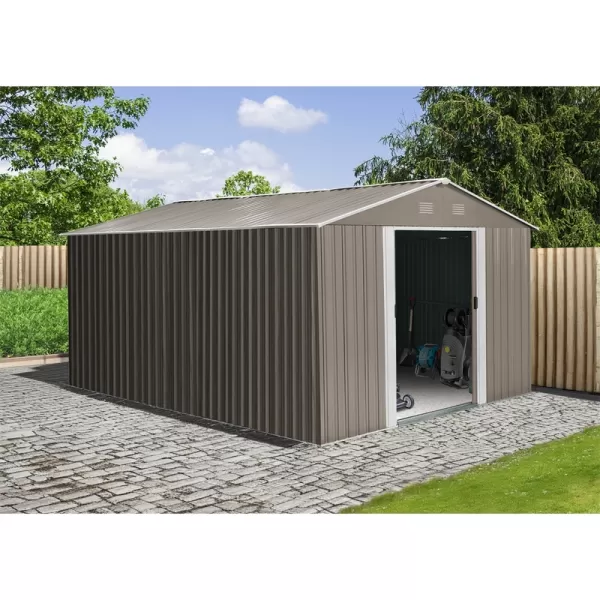 Zahradní domek kovový 3 x 3,7 m se sedlovou střechou hnědý Riwall RMSA 12x10 Brown