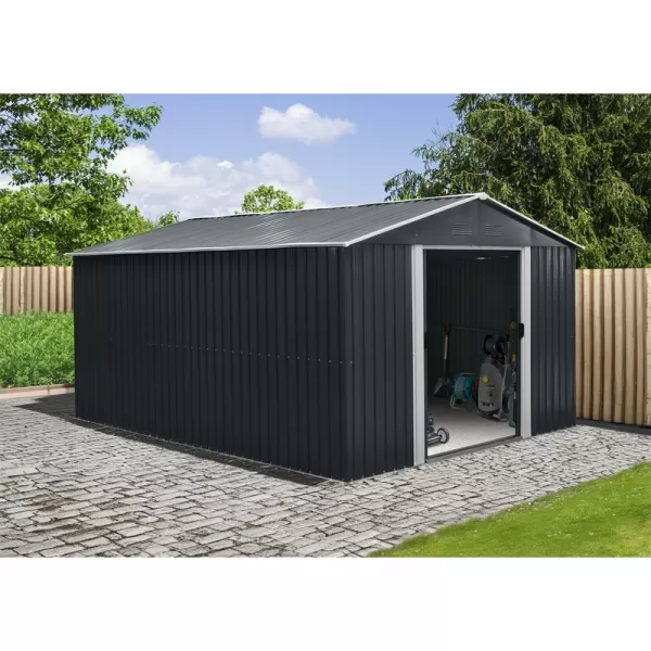 Zahradní domek kovový 3 x 3,7 m se sedlovou střechou antracit Riwall RMSA 12x10 Anthracite