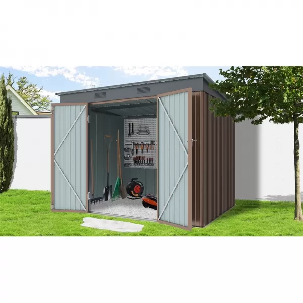 Zahradní domek kovový 2,4 x 1,8 m s pultovou střechou hnědý Riwall RMSP 6x8