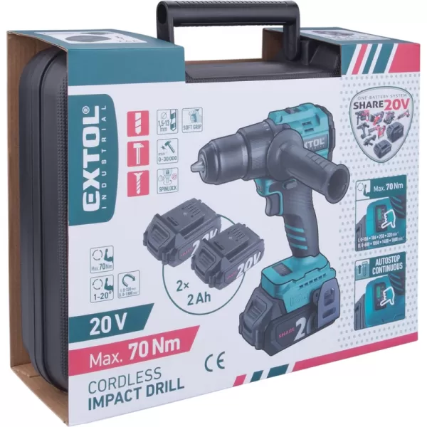 Aku vrtací šroubovák s příklepem 20V/2x2,0 Ah SHARE20V Extol Industrial 8791804