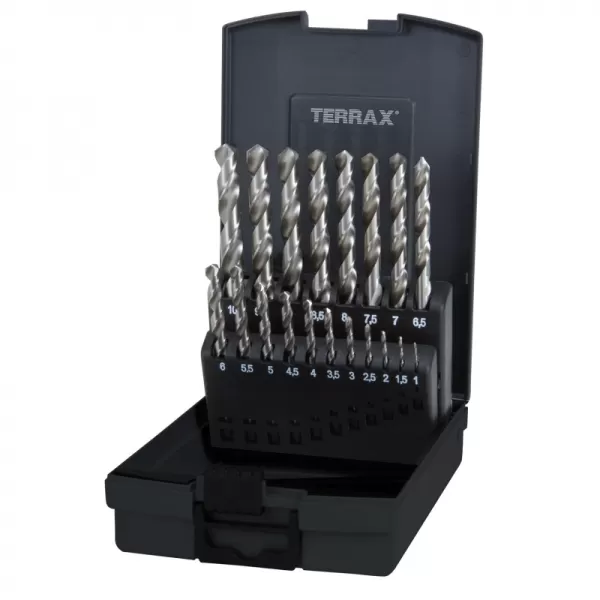Sada vybrušovaných vrtáků do kovu Terrax HSS-G 19 dílů RUKO | 1-10 mm, plastový box
