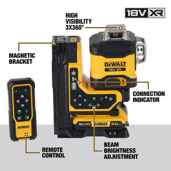 Aku linkový laser zelený 3x360° s dálkovým ovládáním 18V bez aku DeWALT DCLE34035B