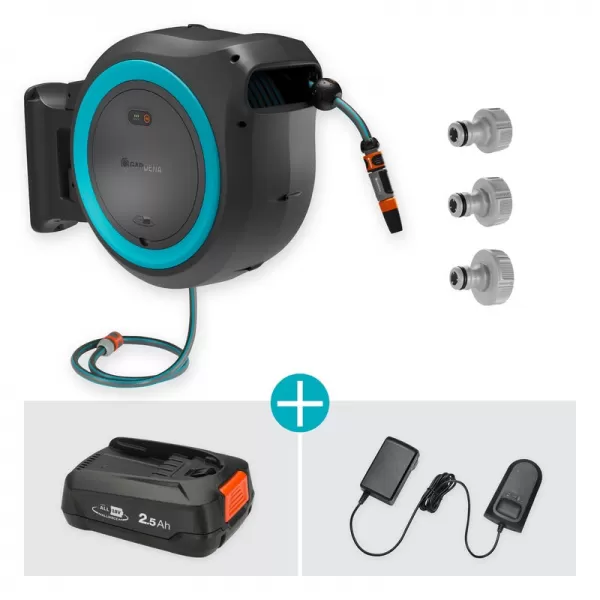 Aku nástěnný box na hadici PowerRoll XL 35 m, tyrkysový - 18V 1x2,5Ah Gardena 18640-20